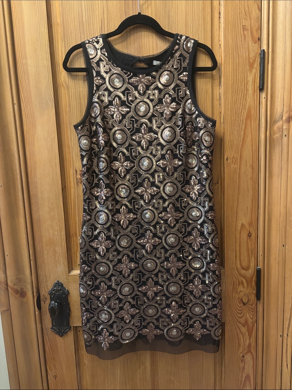 Chelsey & Violet Black Mini Dress with Gold Sequin Geometric Embroidery